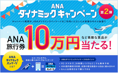 旅行券10万円分などが当たる、ANAダイナミックキャンペーン第2弾が開催されています。